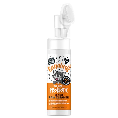 BUGALUGS Cat Probiotic Paw Cleaner No Rinse Foam Cat shampoo with Silicone Brush Head, waterless grooming products. Travel friendly paw cleaner for cats defeat muddy paws on the go