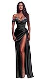 Bestluckw Mermaid Black Prom Dresses for Women 2024 with Slit Satin Off Shoulder Rhinestone Formal Evening Party Gown Size 10