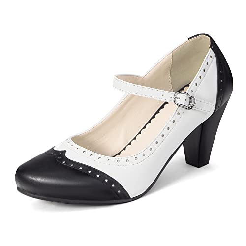 elerhythm Zapatos de tacón para mujer de los años 20 Gatsby Oxford, estilo vintage de los años 50, con puntera cerrada, con correa de tobillo, negro blanco, 41 EU