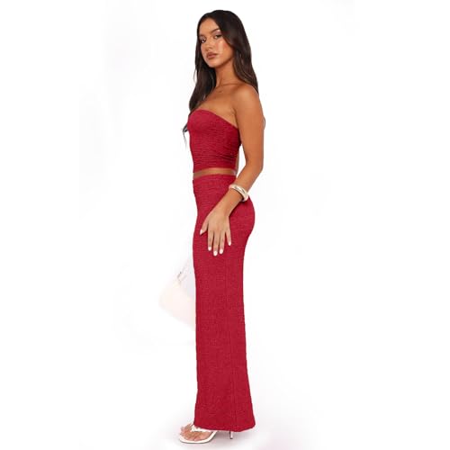 Image of Two Piece Dress Outfits for Women Sleeveless Tube Tops Bodycon Maxi Dress Summer Strapless Crop Top Sexy Suits Set