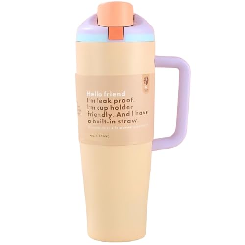 Image of HomeCloud Double-Wall Insulated Stainless Steel Water Bottle with Straw - Leak-Proof Two-Way Spout, BPA-Free, Bucket Handle, Reusable Travel Bottle, Daybreak (H Beige)