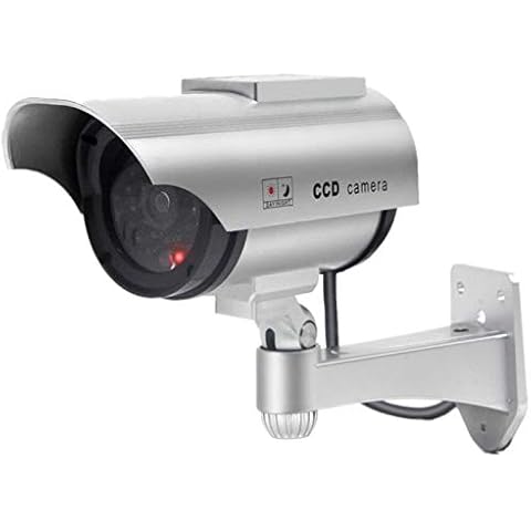 F FINDERS&CO Solar Powered Fake Security Camera, Bullet Dummy Surveillance System with Realistic Red Flashing Lights and Warning Sticker Indoor Outdoor (1, Silver) Cover