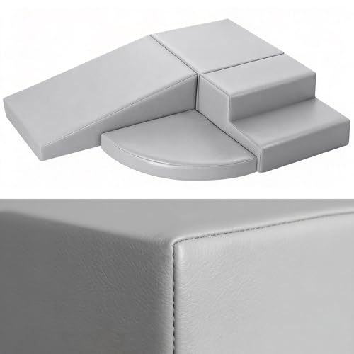 4-Piece PU Leather Baby Foam Climbing Blocks for Toddlers - Soft Play Climbing Toys for Toddlers - Foam Climbing Set for Crawling and Sliding Indoor (Gray)