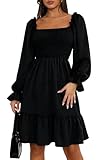 Women's Causal Square Neck Dress Puff Sleeve Smocked A Line Swing Flowy Ruffle Babydoll Mini Dress Black M