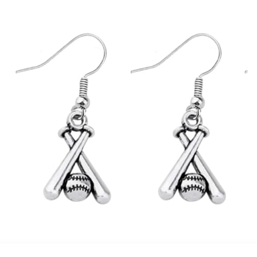 Baseball Bat Earrings – Silver Tone Dangle Earrings with Crossed Bats and Ball Design – Lightweight Sports Jewelry Gift for Baseball and Softball Players or Fans