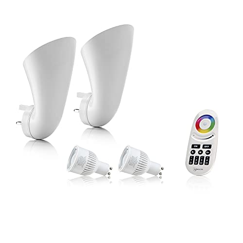 Auraglow Plugin GU10 Spotlight Uplighter Wall Wash Light Plug Socket Lamp with Colour Changing LED Smart Bulb & 4 Zone Remote - 2 Pack