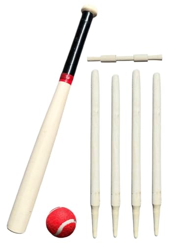 PaulStore 18 Wooden Rounders Set 6-Piece Outdoor Garden Game with Solid Wood Bat Ball and 4 Marking Posts Includes Mesh Carry Bag and Hangtag for Easy Storage