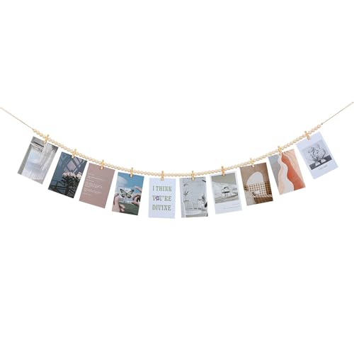 KLOGTSIND Hanging Photo Display with Clips, Boho Wooden Bead Garland Collage Picture Frame Wall Decor, Photo String with 10 Clips for Bedroom Room Dorm Cubicle Decor, Christmas Teen Girls Gifts