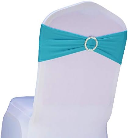 SINSSOWL 100PCS Stretch Wedding Chair Bands with Buckle Lycra Slider Sashes Bow Decorations 25 Colors (Turquoise)