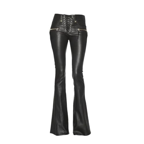 Women Flared Faux Leather Trouser Loose Straight Leggings Lace Up Bell Bottom High Waist Boot Cut Pants