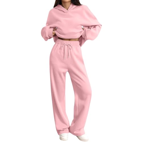 Image of Tracksuit Womens Full Set Oversized 2 Piece Outfits Long Sleeve Hoodie and Sweatpants Women Lounge Wear Sets Fashion Sweatsuits Wide Leg Jogger Loose Loungewear Gym Fitness Activewear Set Pink 3XL