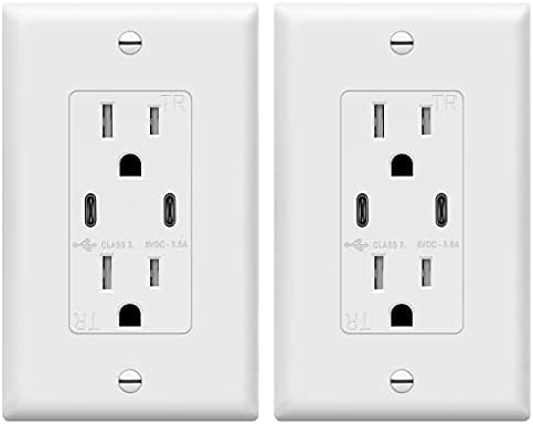 TOPGREENER 2-Port USB C 3.6A 18W Wall Outlet, 15 Amp Tamper-Resistant Receptacle, Charging Power Outlet with USB Ports, UL Listed, TU21536A2C-2PCS, White, 2 Pack