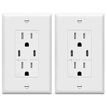TOPGREENER 2-Port USB C Wall Outlet, 15 Amp Tamper-Resistant Receptacle, Charging Power Outlet with USB Ports, UL Listed, TU21536A2C-2PCS, White, 2 Pack