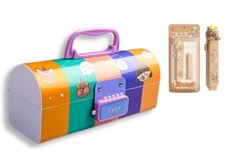 Image of Invite New Cartoon Theme Pencil Box with Push Pull Eraser Set for Kids | Suitcase Style Password Lock Stationery Organizer | School Supplies Gift Combo for Boys & Girls (Cute Multi + Eraser)