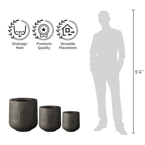 Image of Kante Large Round Curved Vintage BRN Concrete Planter 16.5 inch Dia, Outdoor | Rubber Plug for Indoor, Drainage for Garden, All-Weather Cement Tree Pot, Handcrafted, Anti-Frost & UV, Modern Home Decor