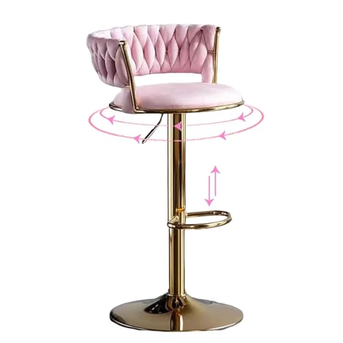 Butacos de Bar Ajustables con Espaldar y Reposapiés, Tapizados en Terciopelo, Patas y Base Metálicas Doradas, Silla Giratoria 360° para Comedor o Pub, Rosa miniatura 1