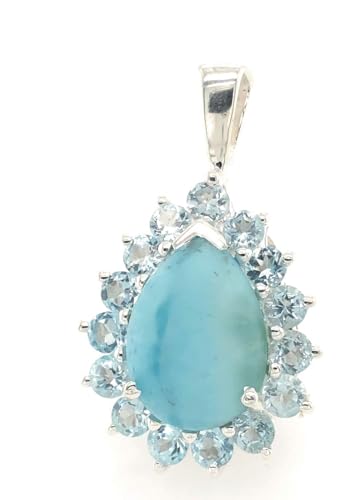 Natural Dominican Larimar 8ct Blue Topaz 925 Solid Sterling Silver Pendant 27mm