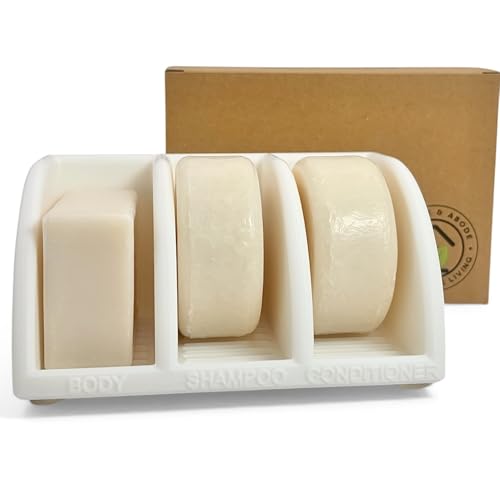 Shampoo Bar Holder for Shower 3-Slot Soap & Conditioner Organizer with Drainage - Keeps Bars Dry & Lasts Longer - Modern Bathroom Organizer by Essence & Abode (Jade White)