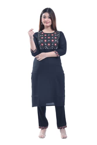 VIHAAN IMPEX Kurti Negro Para Mujer Kurta Set Con Pantalón Mangas 3/4, Negro, L Cover