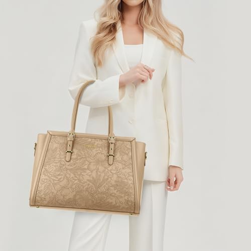 Image of MOSISO Laptop Bag for Women, PU Leather Tote Bag, Front Embossed Retro Hibiscus Computer Bags with Silk Scarf&Clutch Purse