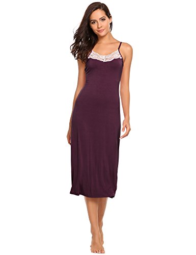 Ekouaer Womens Sleepwear Nightgown Full Slips Lace Sling Dress,7137-purplish Red-long Style,Large