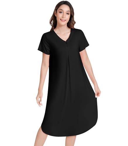 Image of NACHILA Bamboo Viscose Nightgowns for Women Short Sleeve V Neck Sleepwear