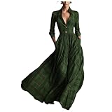 Generisch Karokleider Für Damen Herbst Vintage V-Ausschnitt Westernkleid Mit Langen Ärmeln Reverskragen Knopfleiste Bindeband Und Asymmetrischem Hemdkleid Maxikleid(2XL,2-Dunkelgrün)