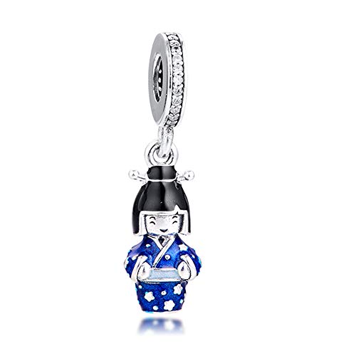 PANDOCCI 2020 Bambola Giapponese Primavera in Kimono Blu Perline Ciondolo in Argento 925 Fai da Te Adatto per bracciali Pandora Originali Gioielli di Moda con ciondoli