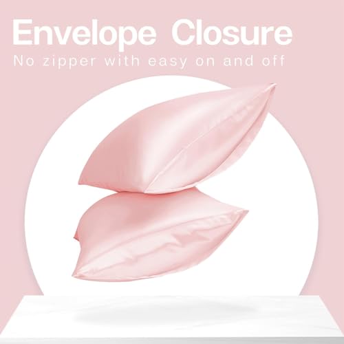 Image of MR&HM Satin Pillowcase for Hair and Skin, Silk Satin Pillowcase 2 Pack, King Size Pillow Cases Set of 2, Silky Pillow Cover with Envelope Closure (20x36, Light Pink)