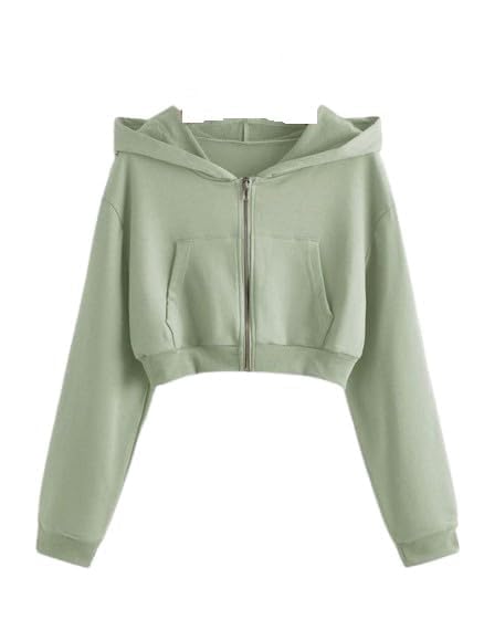 Image of Solid Long Hooded Neck Hoodie Zipper Crop Jacket for Women's