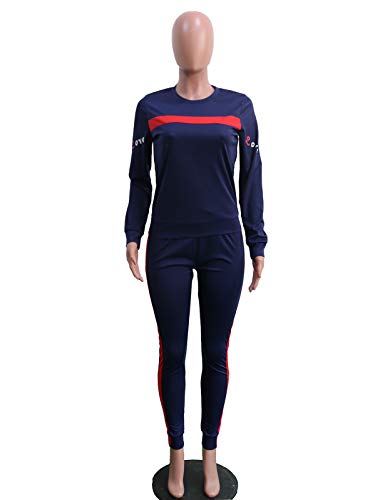 Stripe Patchwork Long Sleeve Sweatshirt Tops and Long Sweatpants Two Piece Tracksuit for Junior Blue M