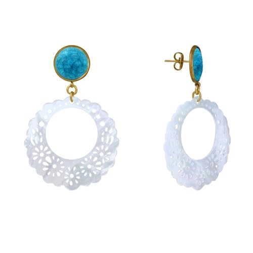 Boucles d'oreilles clous métal doré rond craquelé nacre ajouré