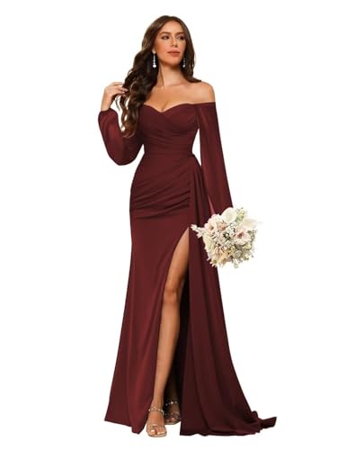 Off The Shoulder Satin Bridesmaid Dresses with Slit Long Sleeve Mermaid Prom Dress Formal Gowns for Women4