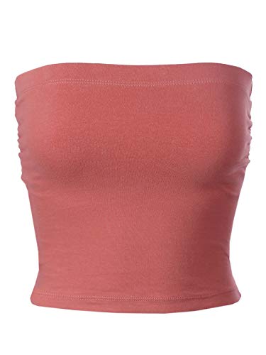 MixMatchy Women s Solid Casual Summer Side Shirring Scrunched Double Layered Tube Top Dusty Rose L