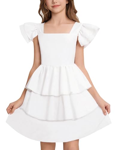 21KIDS Girls Summer Dress Flutter Sleeve Smocked Tiered Elegant Casual Dresses for Girls 8-12 Years