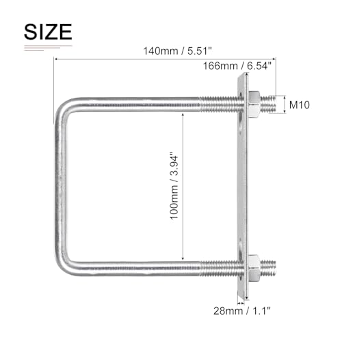 Image of DTGN M10x100x140mm(ThreadxWxL) Square U Bolt - 2Pack - Good for Trailer Pipe Replacement Parts - 304 Stainless Steel U Shape Bolts