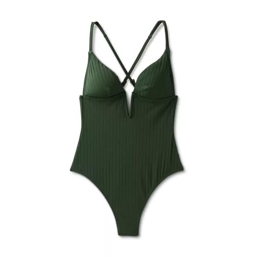 Shade & Shore Women's Ribbed Plunge Front V-Wire One Piece Swimsuit -3