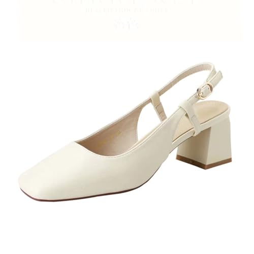 Women'S Closed Toe Slingback Chunky High Heels With Adjustable Ankle Buckle, Square Toe Dress Summer Sandals