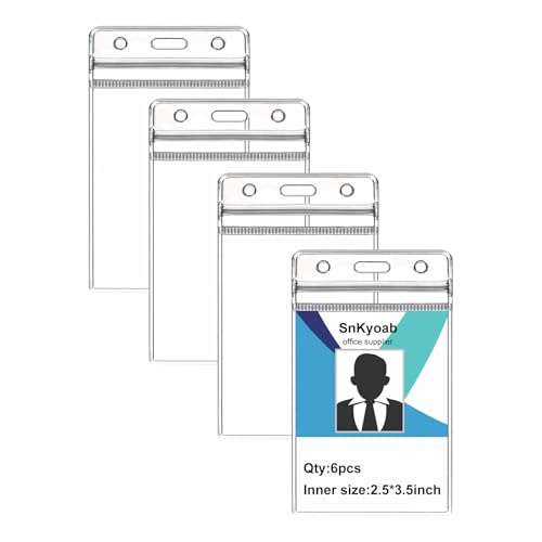 6 Pack Badge Holders, Vertical Clear Plastic ID Card Holder with Waterproof Resealable Zip, Fits Badge Swipe Cards or Credit Card, Office and School etc (2.5 x 3.5 Inch).