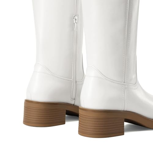 DREAM PAIRS DREAM PAIRS Womens Knee High Boots Square Toe Platform Chunky Block Heel Banana Campus Boots for Women Comfortable Low Heel Side Zipper Womens Riding Tall Boots,Size 7,White,DWUMKB2539