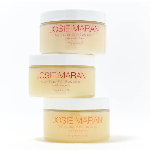 Josie Maran Argan Sugar Body Scrub Trio - 3-Piece Body Care Set - Softens, Smoothes &amp; Hydrates Dry Skin - Includes Scents Sweet Clementine, Peppermint Bark &amp; Sweet Cranberry (3 Count)