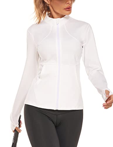 Coorun Women's Athletic Workout Jacket Zip Up Yoga Jacket With Thumb Holes Lightweight Slim Fit White S #TOP4