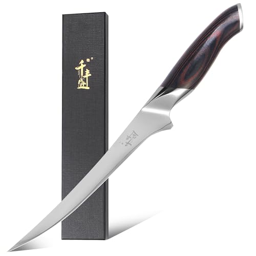 QIANFENGSHENG Filetiermesser 20cm, Scharfes Ausbeinmesser, VG-10 Superstahl zum Schneiden von Fleisch und Hühnchen, Profi Küchen-Fischmesser mit Flexibler Klinge und Ergonomischem Holzgriff