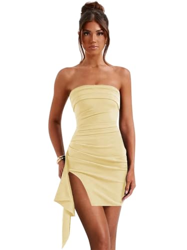 Women's Satin Strapless Homecoming Dresses for Teens Ruffle Slit Tight Short Prom Gown Cocktail Party Dress