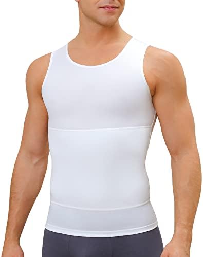 Mens Compression Shirt Workout Tank Tops Slimming Body Shaper Vest Abs Abdomen Undershirts (White, Large)