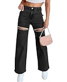 Kedera Women High Waist Denim Jeans Rhinestone Pearl Beaded Bling Baggy Wide Leg Jeans Pants A-Black