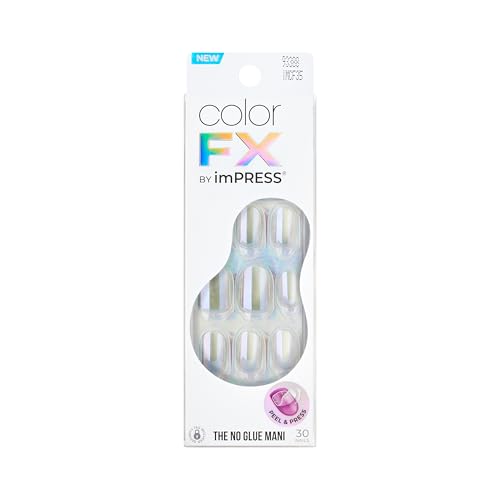 Kiss colorFX by Impress Press On Nails, Sour Love, 30 No Glue Peel and Stick Nails Kit with IMPROVED Adhesive, Silver Short Oval Pearlescent Effect, Includes Prep Pad, Manicure Stick & Mini File