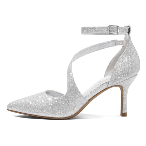 mysoft Women's Pumps Pointed Toe Stiletto Ankle Strap Closed Toe Low Heel Wedding Party Dress Shoes4