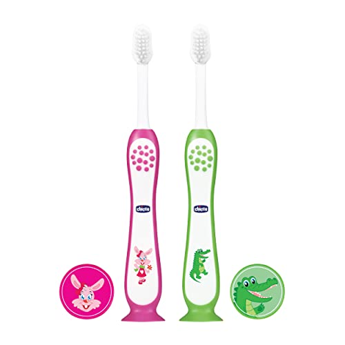 Chicco Toothbrush for Kids (3y-8y) with Suction Cup, Set of 2 | Extra Soft Tapered Bristles for Milk and Permanent Teeth | With Tongue Scraper and BPA Free Material (Pink, Green) (B0BK1V26MZ) Amazon Price History, Amazon Price Tracker