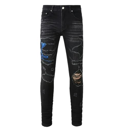 Jeans Pants Trousers Denim Men Trendy Street Personalized Embroidered Snake Pattern Punched Black Elastic Tight Stretch Slim Fit Casual Small Foot(Black,33)